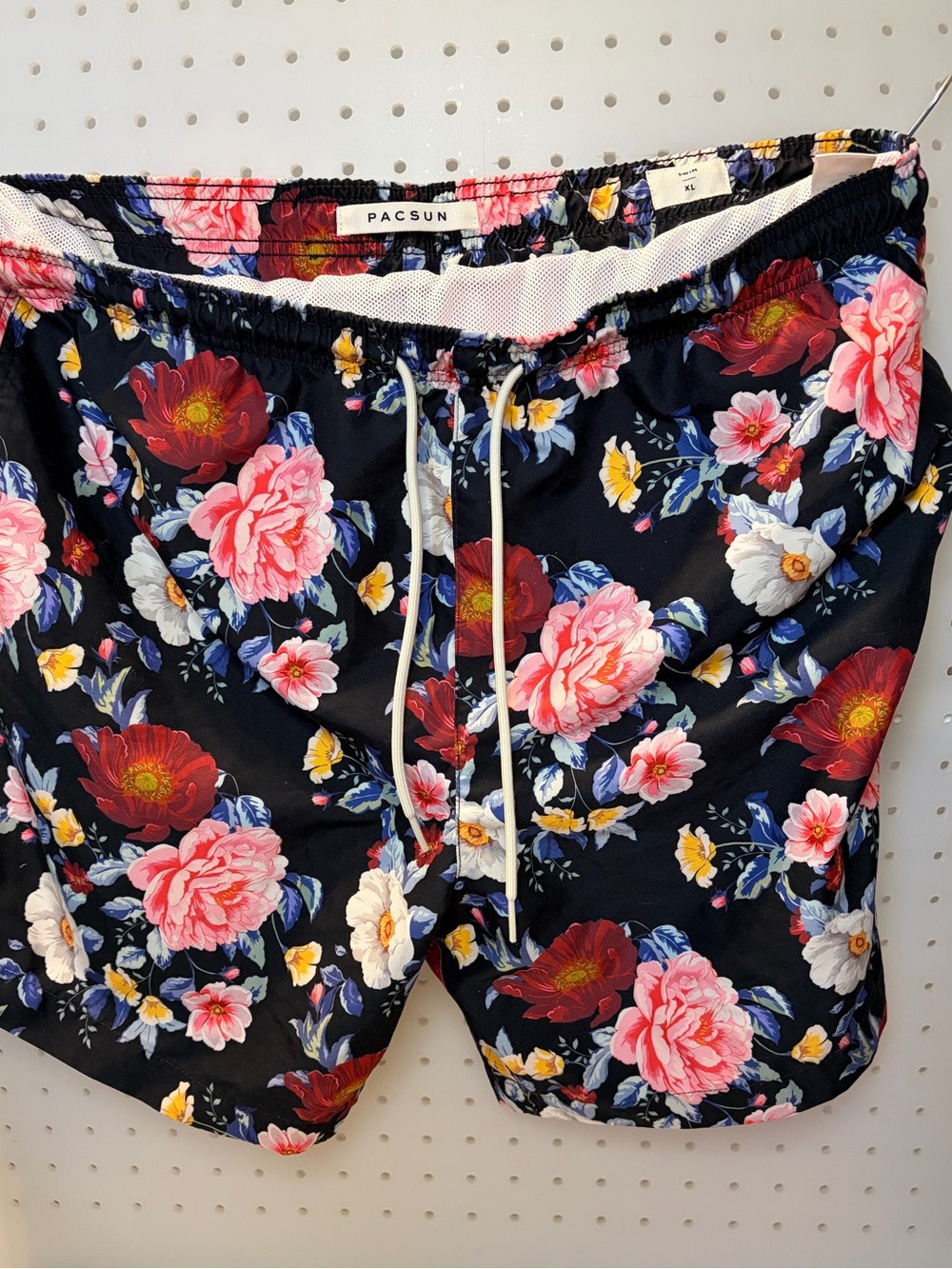 PacSun Black Floral Drawstring Athletic Shorts with Pink & Red Blooms